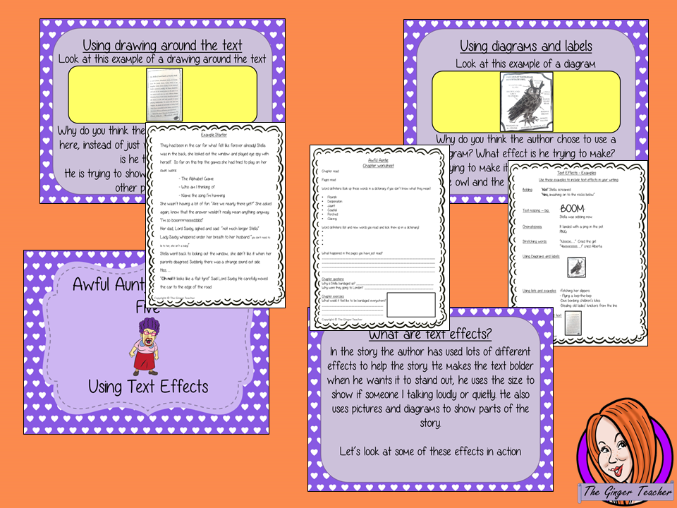 Using text effects Complete English Lesson on Awful Auntie by David Walliams. Teachers will get full resources and plans for teaching school children to use text effects in the classroom. There is a PowerPoint to explain the activity and then practice independently. There is also a short chapter summary sheet for kids to reflect on the chapter read and share their ideas. #lessonplans #bookstudy #teachingideas #readingactivities #awfulaunty #davidwalliams 