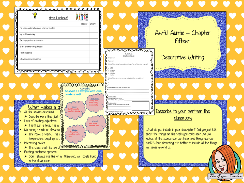 Writing descriptive texts Complete English Lesson on Awful Auntie by David Walliams. Teachers will get full resources and plans for teaching school children to Write descriptive texts in the classroom. There is a PowerPoint to explain the activity and then practice independently. There is also a short chapter summary sheet for kids to reflect on the chapter read and share their ideas. #lessonplans #bookstudy #teachingideas #readingactivities #awfulaunty #davidwalliams