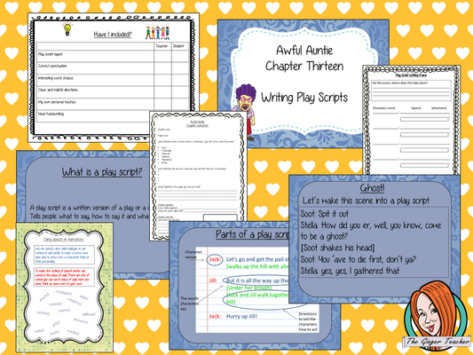 Writing play scripts Complete English Lesson on Awful Auntie by David Walliams. Teachers will get full resources and plans for teaching school children to Write play scripts in the classroom. There is a PowerPoint to explain the activity and then practice independently. There is also a short chapter summary sheet for kids to reflect on the chapter read and share their ideas. #lessonplans #bookstudy #teachingideas #readingactivities #awfulaunty #davidwalliams