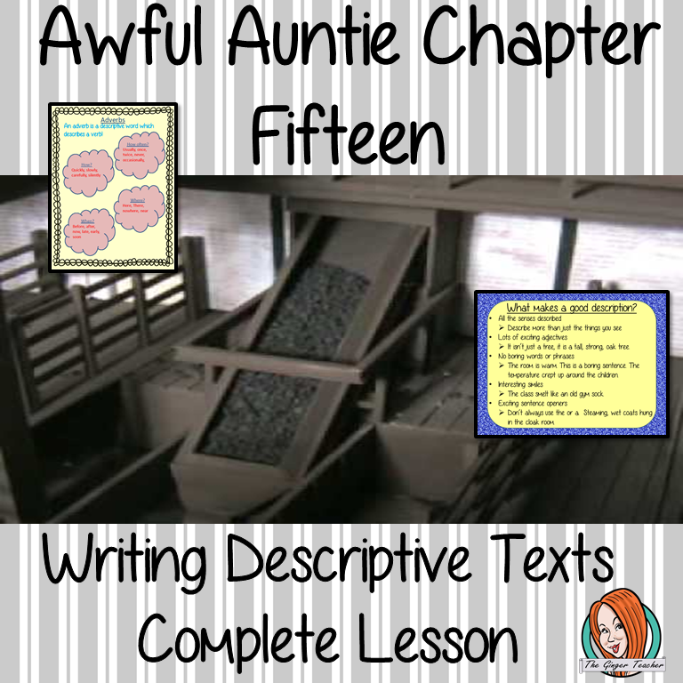 Writing descriptive texts Complete English Lesson on Awful Auntie by David Walliams. Teachers will get full resources and plans for teaching school children to Write descriptive texts in the classroom. There is a PowerPoint to explain the activity and then practice independently. There is also a short chapter summary sheet for kids to reflect on the chapter read and share their ideas. #lessonplans #bookstudy #teachingideas #readingactivities #awfulaunty #davidwalliams