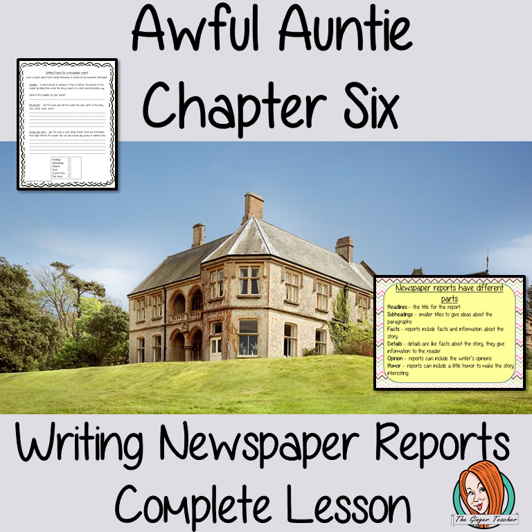Writing newspaper reports Complete English Lesson on Awful Auntie by David Walliams. Teachers will get full resources and plans for teaching school children to write newspaper reports in the classroom. There is a PowerPoint to explain the activity and then practice independently. There is also a short chapter summary sheet for kids to reflect on the chapter read and share their ideas. #lessonplans #bookstudy #teachingideas #readingactivities #awfulaunty #davidwalliams #newspaperreports #reports