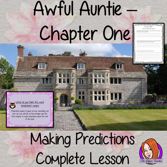 Writing Predictions Complete English Lesson on Awful Auntie by David Walliams. Teachers will get full resources and plans for teaching school children about writing predictions in the classroom. There is a PowerPoint to explain the activity and then practice independently. There is also a short chapter summary sheet for kids to reflect on the chapter read and share their ideas. #lessonplans #bookstudy #teachingideas #readingactivities #awfulaunty #davidwalliams 