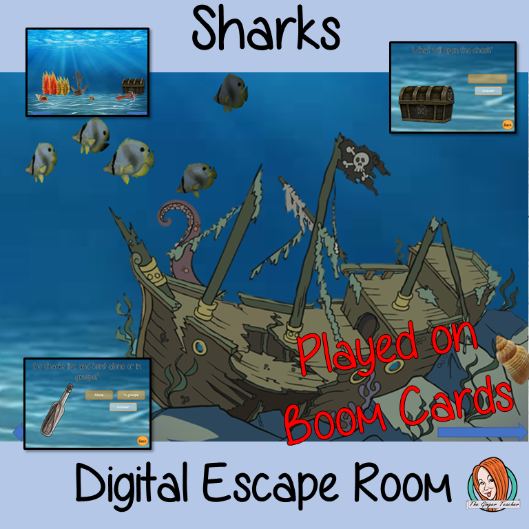 Sharks escape Room Children can learn and practice Shark facts with this fun digital escape room. Children will need to explore the under sea world answer questions and collect information to solve the puzzles and eventually escape. No printing required This game uses Boom Cards and you will need a Boom card account to play it which is free