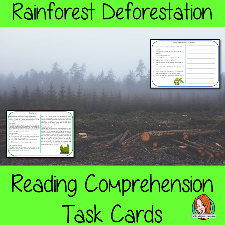 Rainforest Deforestation Reading Comprehension Cards  Differentiated reading comprehension cards. Three levels of texts and questions to help children with reading comprehension. This text is on Rainforest Deforestation and has questions to help children understand and draw meaning from the text.