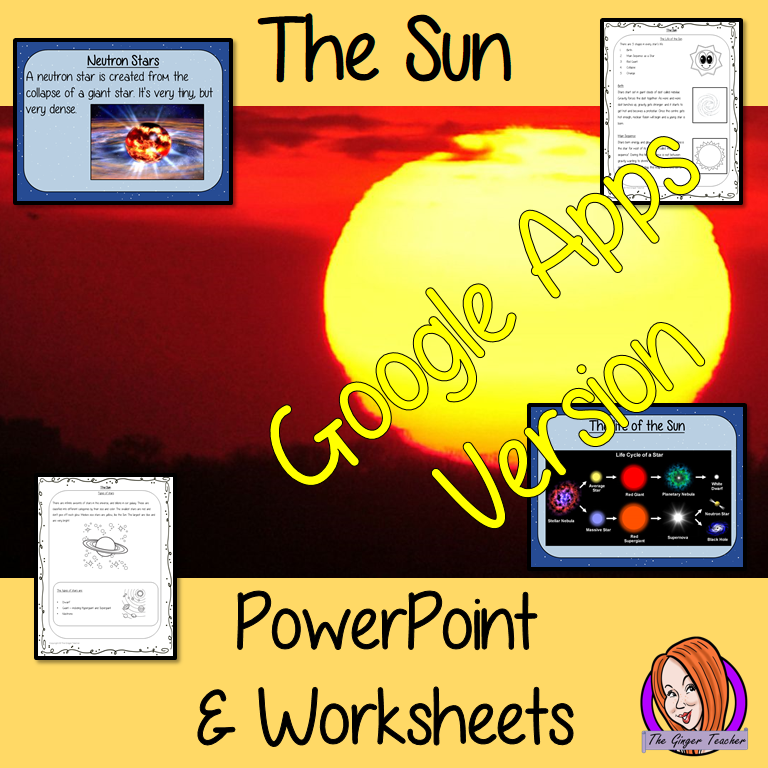 Distance Learning, The Sun of our Solar System Lesson   These Google Slide, resources teach children about the Sun in one complete lesson. There is a detailed 24 slide presentation on the size of the Sun, the life of the Sun, different types of stars and understanding an eclipse. There are also differentiated, 8 page, Google Slides worksheets to allow students to demonstrate their understanding. This pack is great for teaching kids about the Sun of our solar system. Included: - Complete 24 slide presentatio
