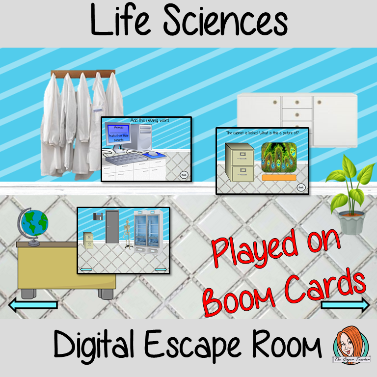Life Sciences Escape Room Children can practice and learn about life science with this fun digital escape room. Children will need to explore the room answer questions and collect information to solve the puzzles and eventually escape the mad scientist’s lab. No printing required This game uses Boom Cards and you will need a Boom card account to play it which is free