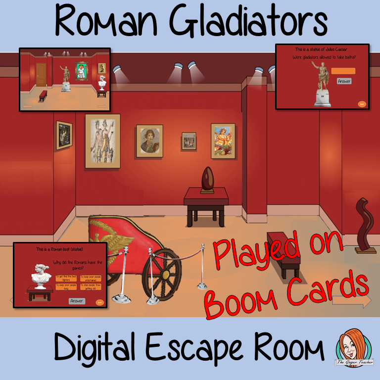 Roman gladiators escape Room Children can learn and practice gladiator facts with this fun digital escape room. Children will need to explore the museum answer questions and collect information to solve the puzzles and eventually escape. No printing required This game uses Boom Cards and you will need a Boom card account to play it which is free