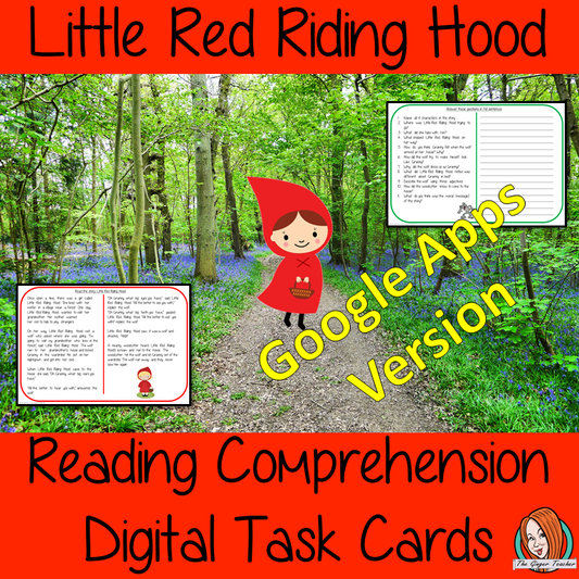 Distance learning Little Red Riding Hood digital Reading Comprehension Cards Differentiated reading comprehension cards. Three levels of texts and questions to help children with reading comprehension. This text is on the story of Little Red Riding Hood and has questions to help children understand and draw meaning from the text. Google classroom 