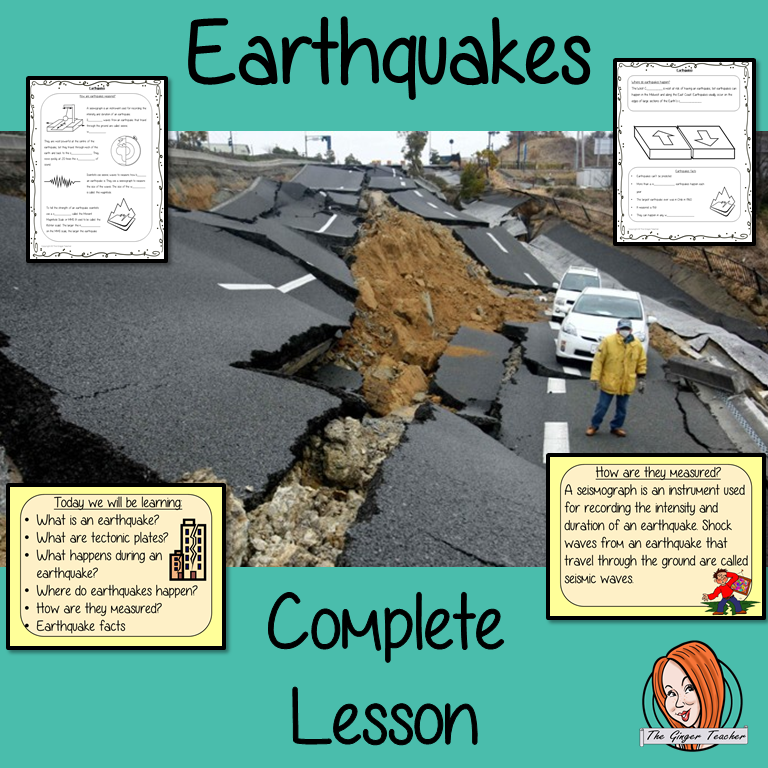 Earthquakes PowerPoint and Worksheets This download teaches children about earthquakes in one complete lesson.  Learn all about this natural disaster detailed 21 slide PowerPoint on what earthquakes are, how they happen, tectonic plates, where they are and how they are measured There are also differentiated, 8 page, earthquake worksheets to allow students to demonstrate their understanding. This pack is great for teaching kids all about earthquakes as a natural disaster.