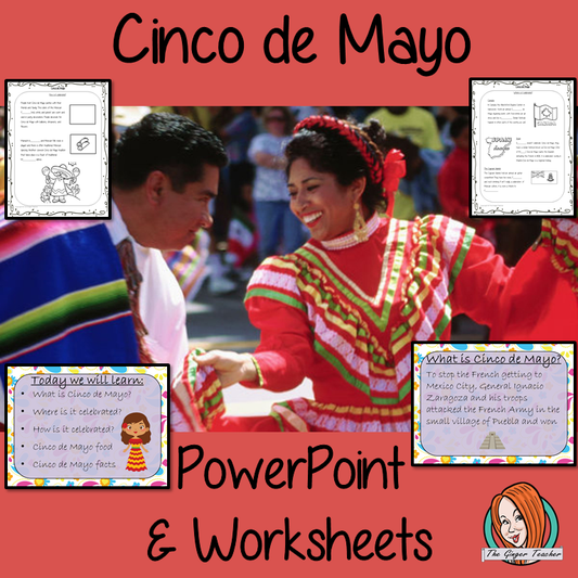Cinco de Mayo PowerPoint and Worksheets teach children about the festival of in one complete lesson. Detailed 26 slide PowerPoint on the celebrations fun traditional facts details about how it is celebrated, information about the food that is eaten and a look at the different parts of the world that celebrate. Differentiated 8 page worksheets so students demonstrate understanding, great for teaching kids all about this Mexican celebration in your classroom. #teaching #cincodemayo
