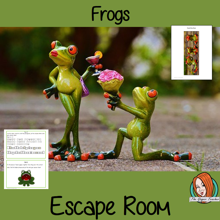 Frogs Escape Room Game     Try this escape room style game with your students today! This is a fun game that is perfect for teaching children about Frogs. This game focuses on students finding out facts and information and using these to solve puzzles. This helps them to learn.     This activity is great for the beginning of a topic to introduce information or at the end to recap.     Students are trying to help an alien understand Frogs and they must solve a series of clues, as well as decode different cip