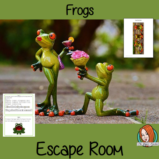 Frogs Escape Room Game     Try this escape room style game with your students today! This is a fun game that is perfect for teaching children about Frogs. This game focuses on students finding out facts and information and using these to solve puzzles. This helps them to learn.     This activity is great for the beginning of a topic to introduce information or at the end to recap.     Students are trying to help an alien understand Frogs and they must solve a series of clues, as well as decode different cip