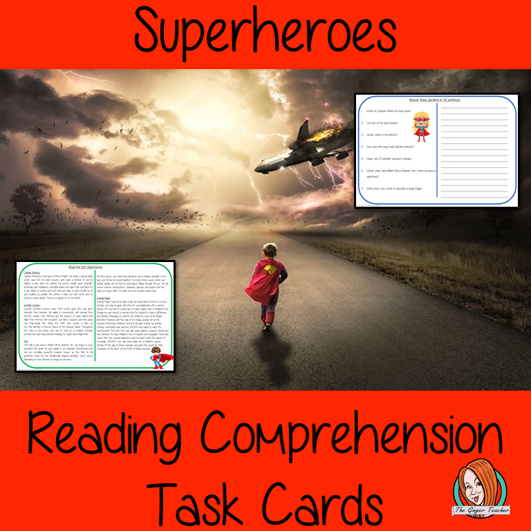 Superheroes Reading Comprehension Cards Differentiated reading comprehension cards. Three levels of texts and questions to help children with reading comprehension. This text is on the Superheroes and has questions to help children understand and draw meaning from the text.