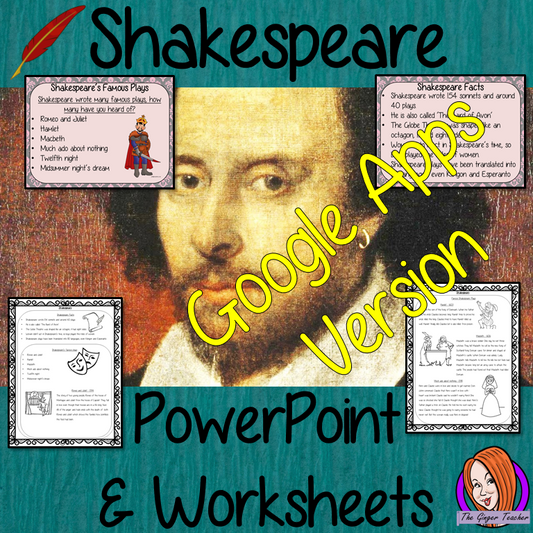 Distance Learning Shakespeare Google Slides Lesson The 23rd of April is Shakespeare’s Day!   This lesson includes a detailed 21 slide presentation explaining all about Shakespeare. It covers the important parts of his life; who he actually was; interesting facts about him; brief summary of his most famous plays and the words he gave to the English language.  This is the Google Slides version of this lesson!