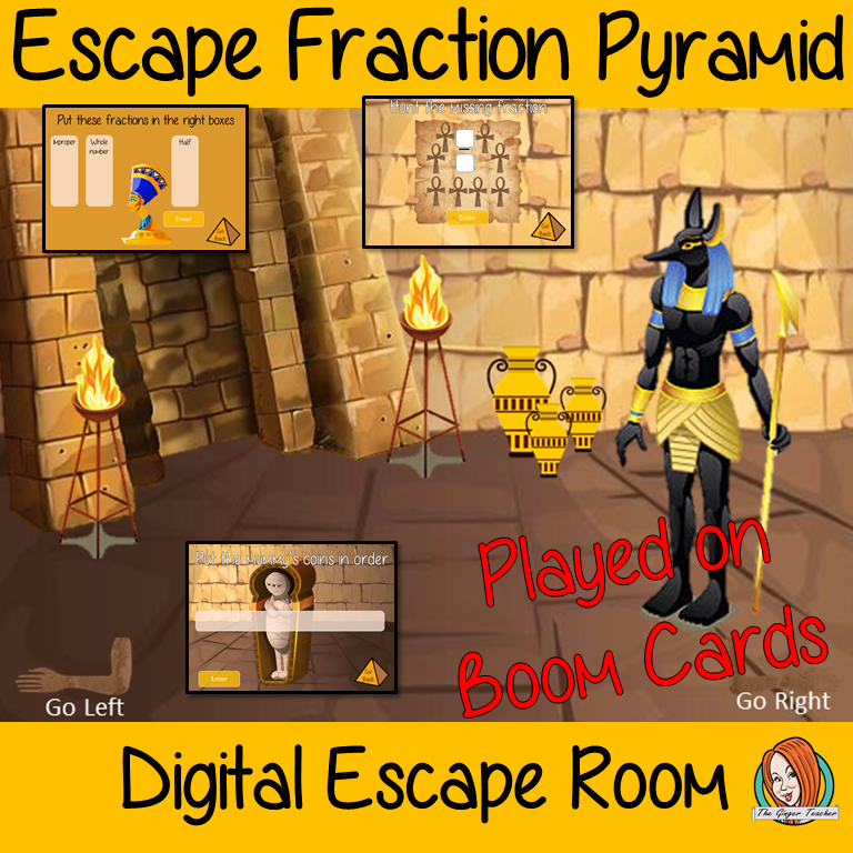 Fraction Practice Escape Room Children can practice fraction facts with this fun digital escape room. Children will need to explore the fraction pyramid answer questions and collect information to solve the puzzles and eventually escape the pyramid. No printing required This game uses Boom Cards and you will need a Boom card account to play it which is free