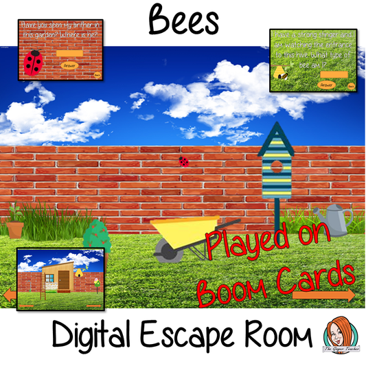 Bees escape Room Children can learn and practice bee facts with this fun digital escape room. Children will need to explore the garden world answer questions and collect information to solve the puzzles and eventually escape. No printing required This game uses Boom Cards and you will need a Boom card account to play it which is free