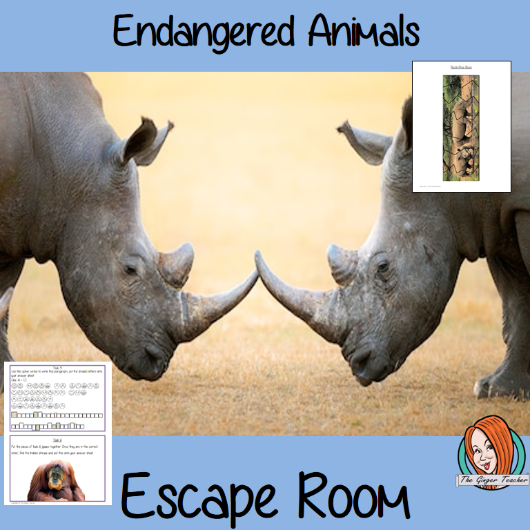 Try this escape room style game with your students today! This is a fun game that is perfect for teaching children about Endangered Animals. This game focuses on students finding out facts and information and using these to solve puzzles. This helps them to learn.     This activity is great for the beginning of a topic to introduce information or at the end to recap.     Students are trying to help an alien understand Endangered Animals and they must solve a series of clues, as well as decode different ciph