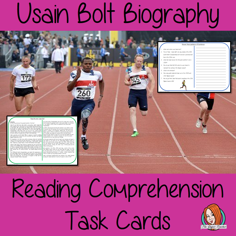 Usain Bolt Biography Reading Comprehension Cards  Differentiated reading comprehension cards. Three levels of texts and questions to help children with reading comprehension. This text is on Usain Bolt Biography and has questions to help children understand and draw meaning from the text.
