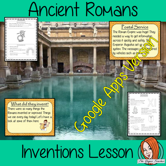 Distance Learning Ancient Romans Inventions Google Slides Lesson   Teach children about Ancient Romans and their Inventions. This is a complete lesson to teach children about the different inventions of the Ancient Romans.  The children will learn the types of things the Romans invented, what they were good at and practice using Roman numerals. There is a detailed 28 slide presentation and four versions of the 6-page worksheet to allow children to show their understanding.  This is the Google Slides version