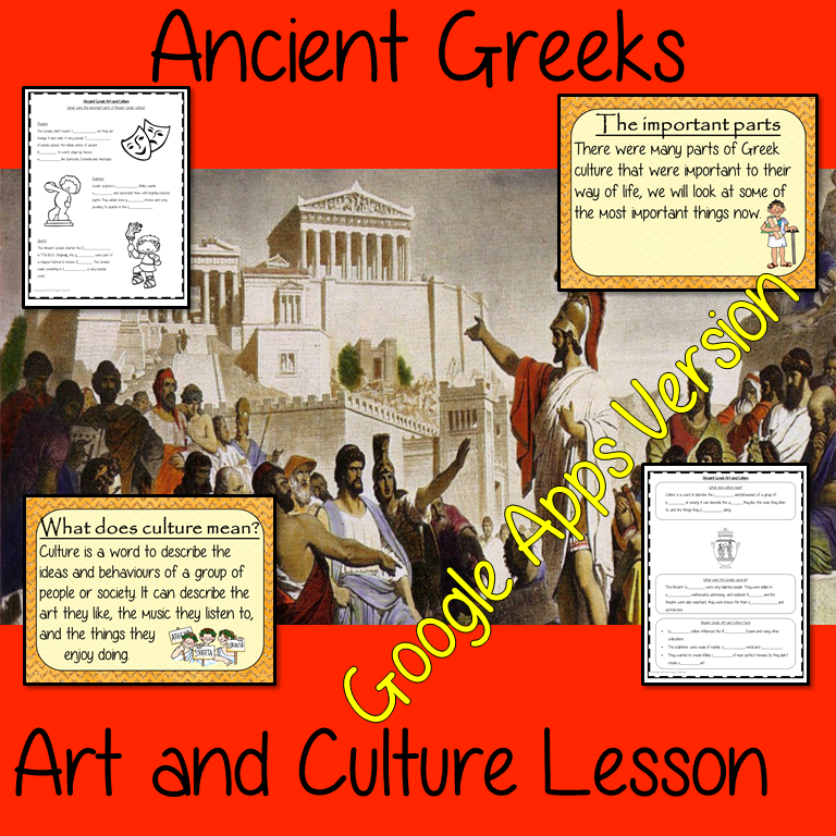 Distance Learning Ancient Greeks Art and Culture Complete History Lesson Teach children about Ancient Greeks and their art and culture. This download is a complete lesson to teach children about the different art and culture of the Ancient Greeks. detailed 29 slide PowerPoint and 4 versions of the 6-page worksheet to show understanding an activity #lessonplanning #ancientGreeks #Greeks #teaching #resources #historylessons #historyplanning #googleclassroom