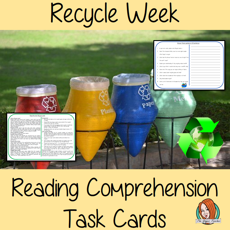 Recycle Week Reading Comprehension Cards  Differentiated reading comprehension cards. Three levels of texts and questions to help children with reading comprehension. This text is on Recycle Week and has questions to help children understand and draw meaning from the text.