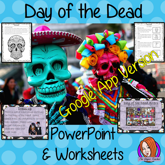 Distance Learning Day of the Dead - Dia de Los Muertos Google Slides Lesson  These resources teach children about the festival of Dia de los Muertos in one complete lesson.  Learn all about Day of the Dead History.  There is a detailed 45 slide presentation on the celebrations of The Day of the Dead festival, fun traditional facts, and details about how it is celebrated, information about the food that is made and eaten, Dia de Los Muertos traditions and a look at the different parts of an altar. There are 