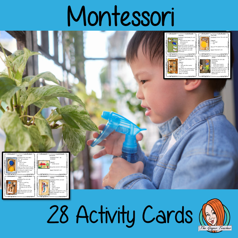Montessori Activity cards 28 easy to follow and use Montessori activity cards.  Each card has an easy to set up activity that can be used in the classroom or at home. Every activity has a picture, description and equipment list as well as independent or supported work.