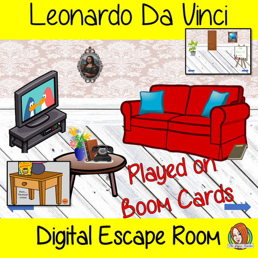 Leonardo Da Vinci Digital Escape Room Teach children about Leonardo Da Vinci with this fun digital escape room. Children will need to look around the room and learn facts about Da Vinci to solve the puzzles and eventually escape the room. No printing required This game uses Boom Cards and you will need a Boom card account to play it which is free