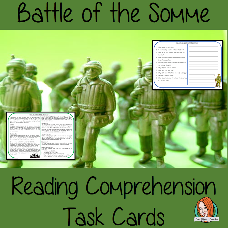 Battle of the Somme Comprehension Cards Differentiated reading comprehension cards. Three levels of texts and questions to help children with reading comprehension. This text is on The Battle of the Somme and has questions to help children understand and draw meaning from the text.