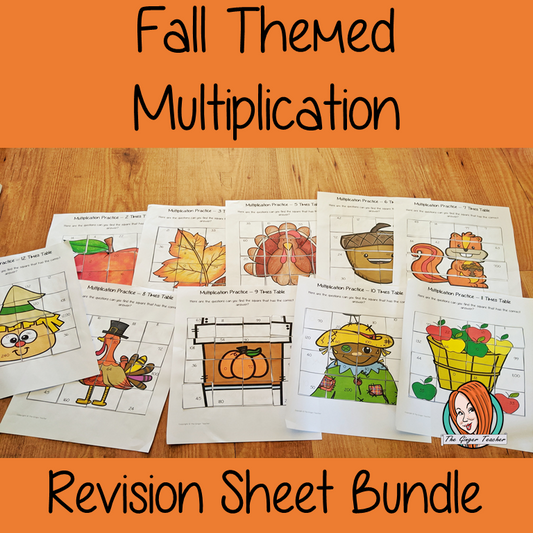 Fall Themed Independent Multiplication Revision Bundle No Prep independent revision activities for the two up to twelve times tables. Children have to cut out and stick the correct answer to the question square, when the correct squares are all in place a fall themed picture will be revealed. #teachmultiplication #revisemultiplication #twelvetimestables #noprep #mathsworksheets