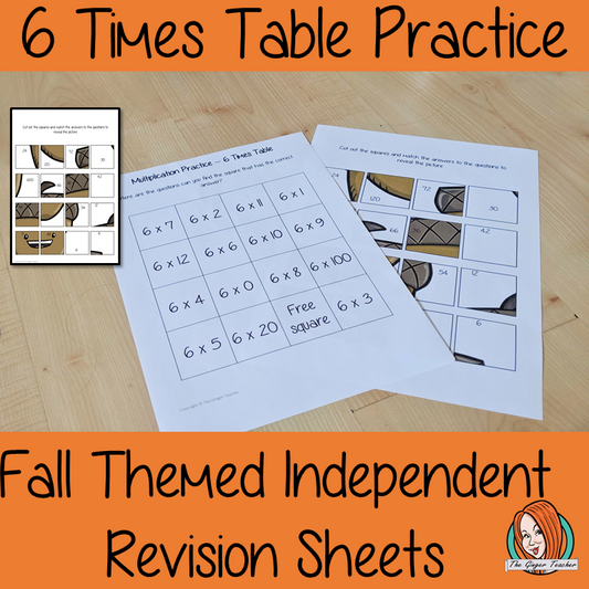 Fall Themed Independent Multiplication Revision Sheets 6x No Prep independent revision activity for the six times tables. Children have to cut out and stick the correct answer to the question square, when the correct squares are all in place a fall themed picture will be revealed. #teachmultiplication #revisemultiplication #fourtimestables #noprep #mathsworksheets