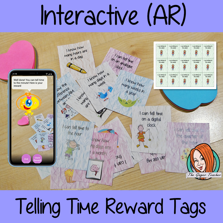 Interactive telling time Reward Tags (brag tags) Give you class something to brag about! These reward tags can be printed and used in your classroom to reward your student when they learn to tell the time. download the free Metaverse AR (augmented reality) app Scan the code and a fun character will appear in your classroom to congratulate the kids!. #augmentedreality #bragtags #rewardtag #awardtags #backtoschool