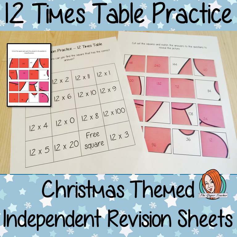 Christmas Themed Independent Multiplication Revision Sheets 12x No Prep independent revision activity for the twelve times tables. Children have to cut out and stick the correct answer to the question square, when the correct squares are all in place a christmas themed picture will be revealed. #teachmultiplication #revisemultiplication #twelvetimestables #noprep #mathsworksheets