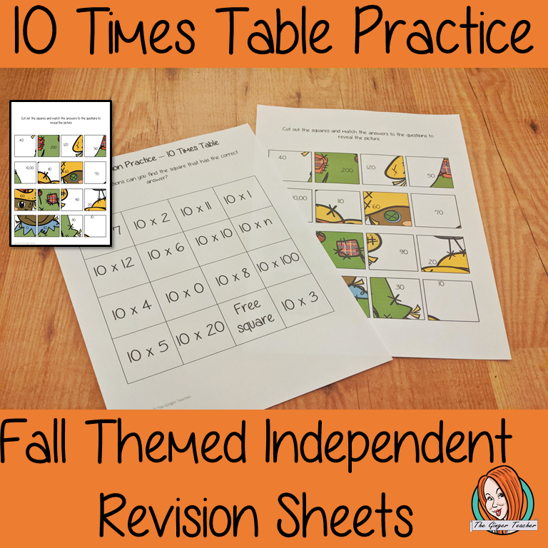 Fall Themed Independent Multiplication Revision Sheets 10x No Prep independent revision activity for the ten times tables. Children have to cut out and stick the correct answer to the question square, when the correct squares are all in place a fall themed picture will be revealed. #teachmultiplication #revisemultiplication #tentimestables #noprep #mathsworksheets