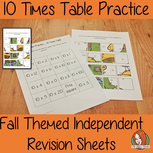Fall Themed Independent Multiplication Revision Sheets 10x No Prep independent revision activity for the ten times tables. Children have to cut out and stick the correct answer to the question square, when the correct squares are all in place a fall themed picture will be revealed. #teachmultiplication #revisemultiplication #tentimestables #noprep #mathsworksheets