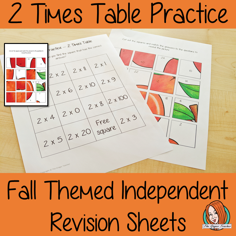 Fall Themed Independent Multiplication Revision Sheets 2x No Prep independent revision activity for the two times tables. Children have to cut out and stick the correct answer to the question square, when the correct squares are all in place a fall themed picture will be revealed. #teachmultiplication #revisemultiplication #fourtimestables #noprep #mathsworksheets