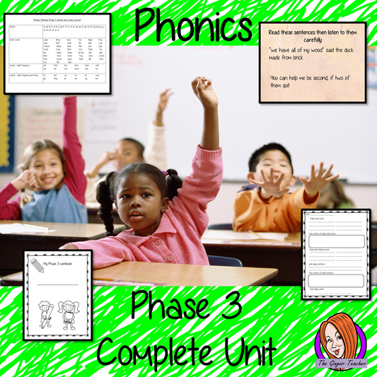 Phonics  Phase 3 Complete Unit of Lessons this download includes three weeks of phonics lessons for phase 3. Fifteen full lessons each with PowerPoints, lesson structure and workbook pages. Tricky sight words and high frequency words are practiced alongside the sounds and sound words. Audio is included in the PowerPoints to allow children to practice writing. Each lesson has silly sentences to make the learning fun. #teaching #phonics #reading #phase3 #jollyphonics #phonicslessons #lessons