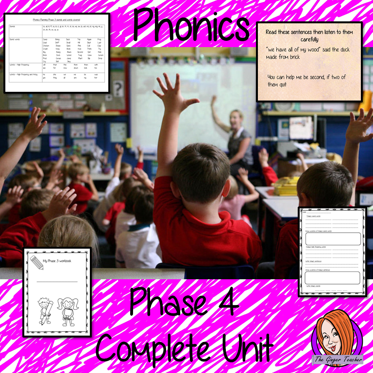 Phonics  Phase 4 Complete Unit of Lessons this download includes three weeks of phonics lessons for phase 4. Fifteen full lessons each with PowerPoints, lesson structure and workbook pages. Tricky sight words and high frequency words are practiced alongside the sounds and sound words. Audio is included in the PowerPoints to allow children to practice writing. Each lesson has silly sentences to make the learning fun. #teaching #phonics #reading #phase3 #jollyphonics #phonicslessons #lessons
