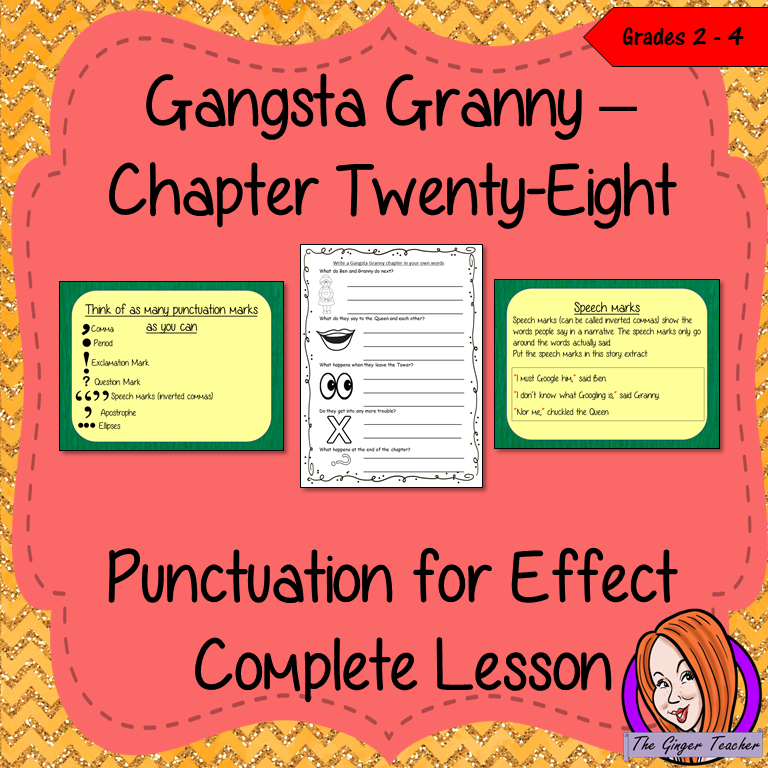 Complete narrative writing lesson on the twenty-eighth chapter of the book Gangsta Granny by David Walliams. Children read and discuss the chapter. There are activities to explain punctuation with an anchor chart and detailed PowerPoint to ensure the elements of punctuation are broken down. Children can then plan and write their own narratives independently.#lessonplans #bookstudy #teachingideas #readingactivities