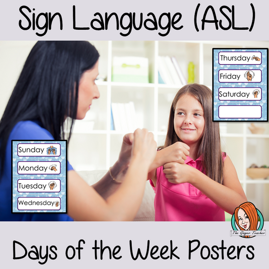 Sign Language ASL Classroom Days of the Week Posters 2 Posters with the Days of the Week and the corresponding sign in American Sign Language These are great for decorating your classroom or for using as flash cards to teach children the signs for the days of the week.#asl #signlanguage #classroom