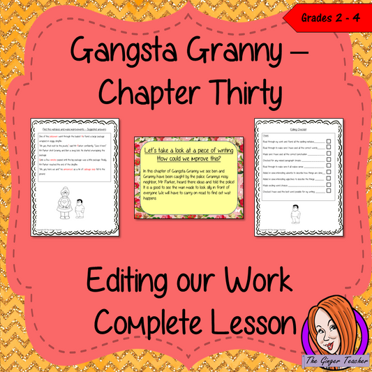 Complete editing lesson on the 30th chapter of Gangsta Granny by David Walliams. Lesson focuses on how to edit work for clarity and to check for errors and to improve writing using the events in the chapter. Children read and discuss the chapter. There is a detailed PowerPoint to ensure understanding in editing writing. The class will edit a prewritten piece and then the children can write and edit their own using the checklist included #lessonplans #bookstudy #teachingideas #readingactivities