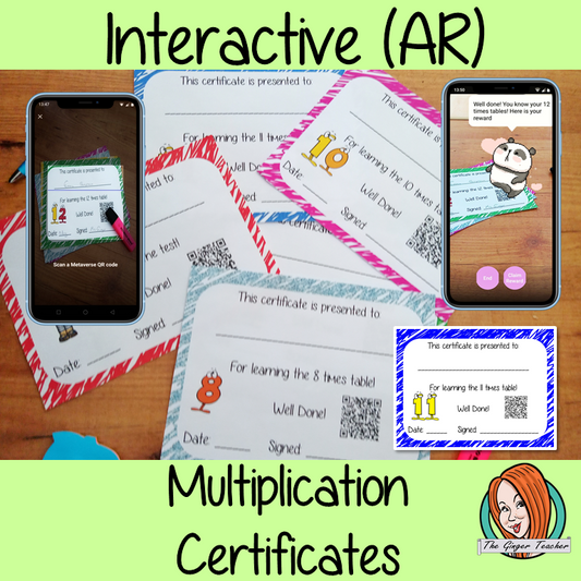 Interactive Classroom Multiplication certificates fun way to reward multiplication learning These certificates can be printed and used in your classroom download the free Metaverse AR (augmented reality) app Scan the code and a fun character will appear in your classroom to congratulate the kids! Each certificate has AR reward that the children collect also the option to take a reward selfie. #ar #augmentedreality #bragtags #rewardtag #awardtags 