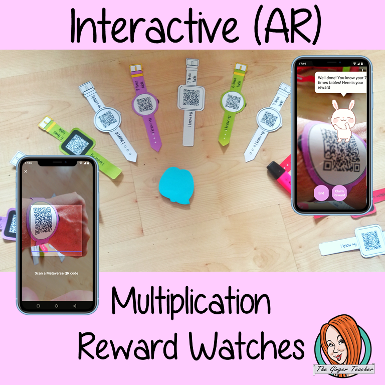 Interactive Multiplication Reward watches (Brag Tags) download the free Metaverse AR app Scan the code and a fun character will appear to congratulate the kids! Each tag has AR reward that the children collect also the option to take a reward selfie these reward watches can be printed and used in your classroom to encourage good character traits. They are great to give out to the children to create a fun classroom environment. #bragtags #rewardtag #awardtags #backtoschool