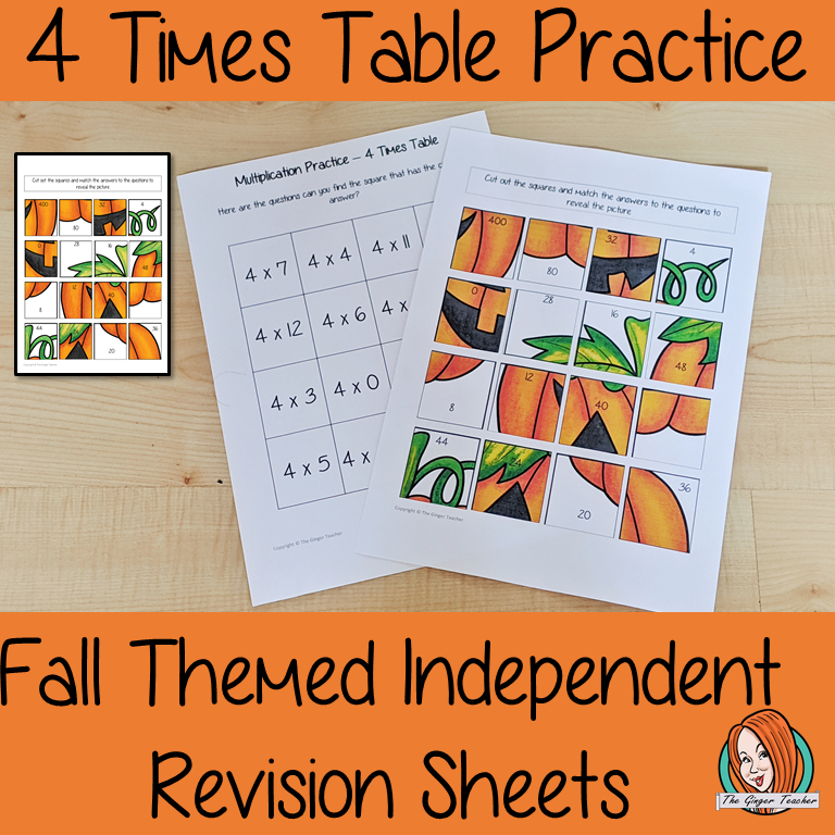 Fall Themed Independent Multiplication Revision Sheets 4x No Prep independent revision activity for the four times tables. Children have to cut out and stick the correct answer to the question square, when the correct squares are all in place a fall themed picture will be revealed. #teachmultiplication #revisemultiplication #fourtimestables #noprep #mathsworksheets