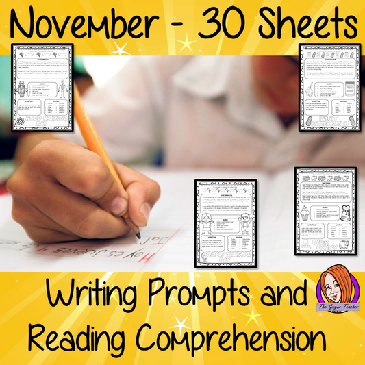 November Writing Prompts and Reading Comprehension Sheets 30 page collection of worksheets gives a writing prompt for November. Sheets have information about the day comprehension questions writing prompts and keywords for writing and discussion worksheets are great to encourage children to think important issues which need awareness such as Epilepsy awareness month and also fun days such as Red Planet Day #teaching #november #winter #awareness #pshe #lessons #classroom #kids #children
