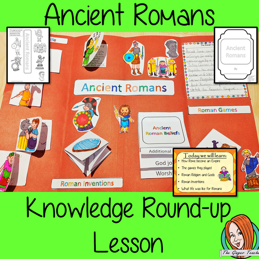 Ancient Roman Complete History Lesson A lesson for children about the Ancient Romans. Learn about games, inventions, daily Roman life, the Emperors, gods, and the Roman Empire. There are two detailed PowerPoints to teach understanding. Kids create an information board using fun foldables and information sheets. Everything needed for this classroom lesson is included #lessonplanning #ancientRomans #Romans #teaching #resources #historylessons #historyplanning