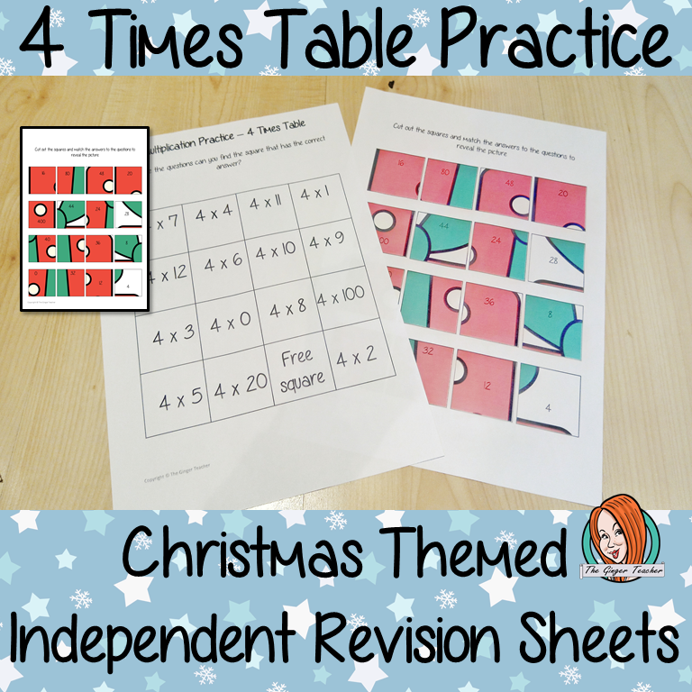 Christmas Themed Independent Multiplication Revision Sheets 4x No Prep independent revision activity for the four times tables. Children have to cut out and stick the correct answer to the question square, when the correct squares are all in place a christmas themed picture will be revealed. #teachmultiplication #revisemultiplication #fourtimestables #noprep #mathsworksheets