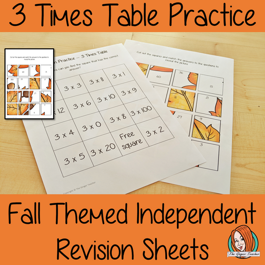 Fall Themed Independent Multiplication Revision Sheets 3x No Prep independent revision activity for the three times tables. Children have to cut out and stick the correct answer to the question square, when the correct squares are all in place a fall themed picture will be revealed. #teachmultiplication #revisemultiplication #fourtimestables #noprep #mathsworksheets