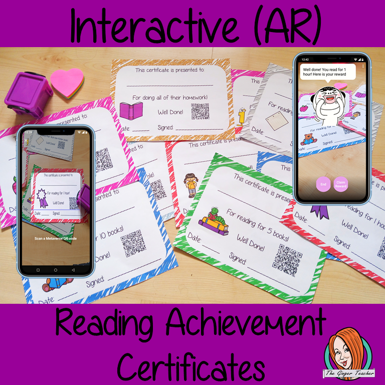 Interactive Classroom reading achievement certificates fun way to welcome your class back to school These certificates can be printed and used in your classroom download the free Metaverse AR (augmented reality) app Scan the code and a fun character will appear in your classroom to congratulate the kids! Each certificate has AR reward that the children collect also the option to take a reward selfie. #ar #augmentedreality #bragtags #rewardtag #awardtags 
