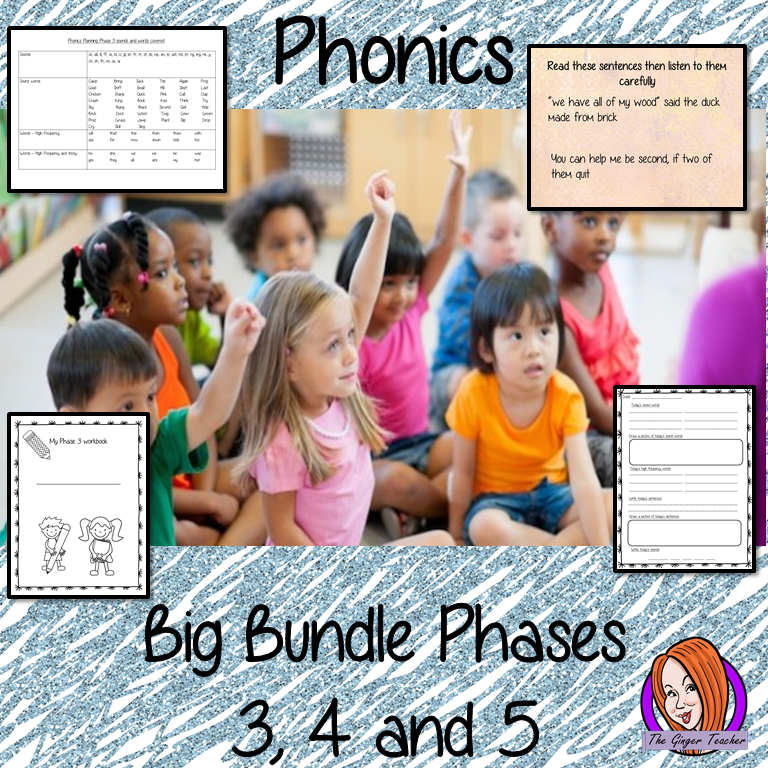 Big Phonics Bundle Complete Units of Lessons Phases 3, 4 and 5. Each unit contains 15 full lessons each with PowerPoints, lesson structure and workbook pages. Tricky sight words and high frequency words are practiced alongside the sounds and words. Audio is included to allow children to practice writing. Each lesson has silly sentences to make the learning fun. #teaching #phonics #reading #phase3 #jollyphonics #phonicslessons #lessons #phase4 #phase5
